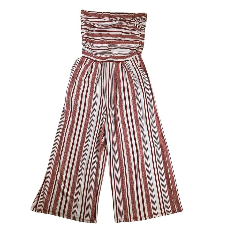 Derek Heart Strapless Striped Jumpsuit Wide Leg Red White Small